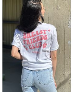 Image of model wearing Hollywood Fashion Secrets Breast Friends Jersey Cotton T-shirt with printed Breast Friends Club graphic on back of shirt
