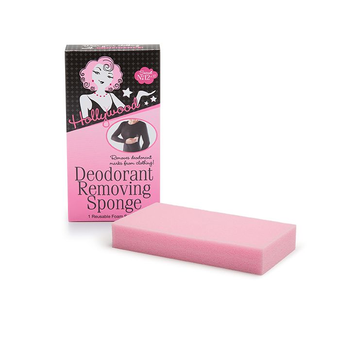 Frontage of a closed Hollywood Fashion Secrets Deodorant removing sponge packet with label text alongside its actual sponge