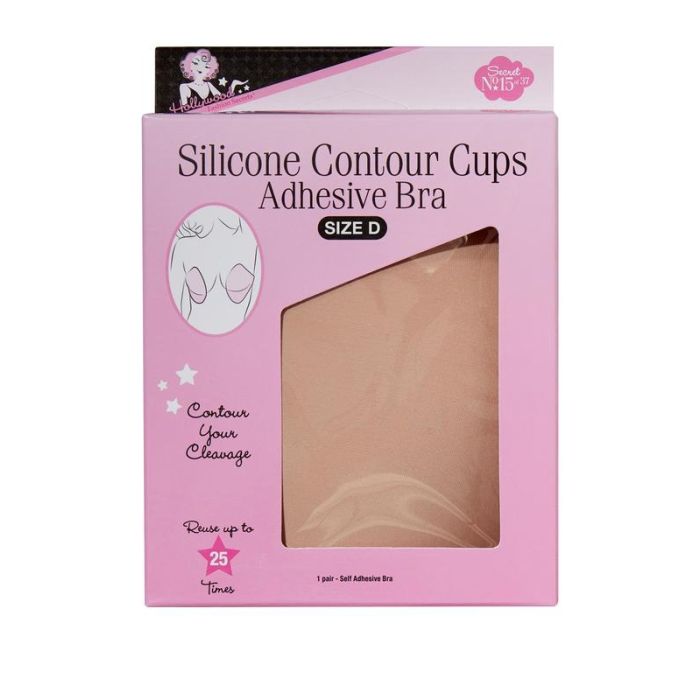 Front view Silicone Contour Cups Adhesive Bra in Size D retail pack with a glimpse of its actual item
