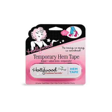 Sealed wall-hook ready pack of Hollywood Temporary Hem Tape with printed label text