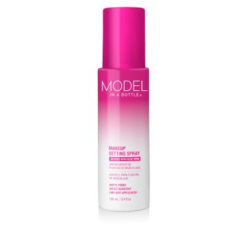 Capped spray bottle of Model in a Bottle from Hollywood Fashion secrets with printed label text