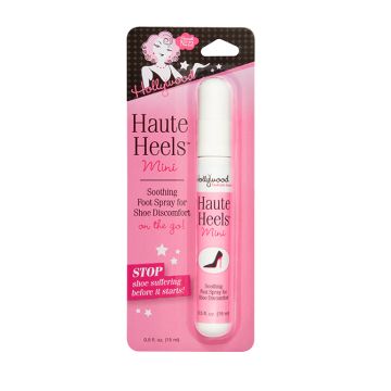 Frontage of a sealed wall-hook ready pack of Hollywood Fashion Secrets mini Haute heels soothing spray